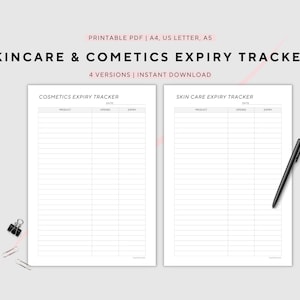 Puede incluir: Plantilla imprimible para el seguimiento de la caducidad de cosméticos y productos para el cuidado de la piel con dos páginas. La página izquierda está etiquetada como "Seguimiento de la caducidad de los cosméticos" y la página derecha como "Seguimiento de la caducidad del cuidado de la piel". Cada página tiene columnas para el producto, la fecha de apertura y la fecha de caducidad.