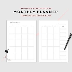 Undated Monthly Planner, 2025 Calendar, Month on 2 Pages, Month at a Glance, Printable, A4/A5/ US Letter, Instant Download PDF