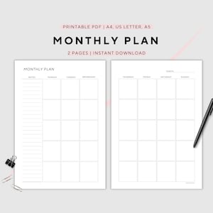 Monthly Planner, 2025 Calendar, Month on 2 Pages, Month at a Glance, Lined Calendar,  Printable, A4/A5/ US Letter, Instant Download PDF