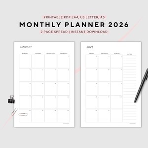 Planificador mensual con fecha, calendario 2026, mes en 2 páginas, resumen del mes, imprimible, tamaño A4/A5/carta EE. UU., descarga instantánea en PDF.
