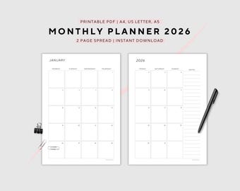 Planejador mensal datado, calendário 2026, mês em 2 páginas, resumo do mês, para impressão, A4/A5/carta dos EUA, download instantâneo em PDF