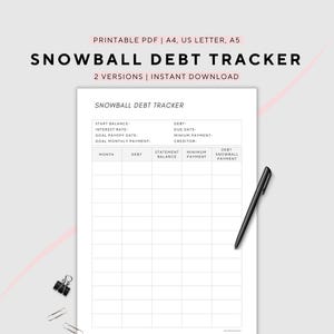 スノーボール債務トラッカー、債務計画、財務プランナー、印刷可能、A4/A5/USレター、PDFの即時ダウンロード