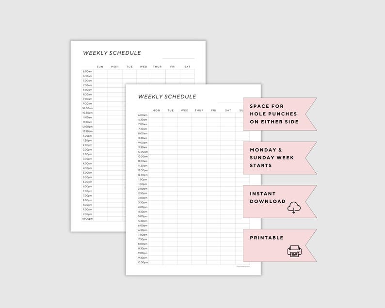 Weekly Schedule, Half Hour Blocks, Printable, Week at A Glance, A4/A5 ...