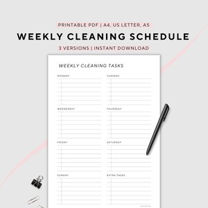 Weekly Cleaning, Cleaning Schedule, Daily Cleaning List, Printable Planner, A4/A5/US Letter, Instant Download PDF