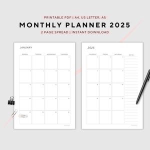 Planificador mensual con fecha, calendario 2025, mes en 2 páginas, resumen del mes, imprimible, tamaño A4/A5/carta de EE. UU., descarga instantánea en formato PDF