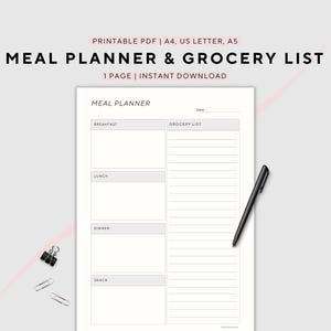 Planificateur de repas avec liste de courses, plan de menus, planificateur d'aliments, santé et remise en forme, imprimable, A4/A5/US Letter, téléchargement immédiat au format PDF