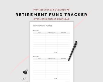 Retirement Fund Tracker, Pension Savings, Finance Planner, Printable, A4/A5/US Letter, Instant Download PDF