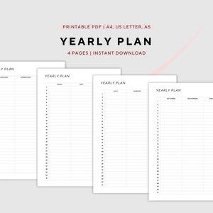 May include: Printable yearly planner with four pages, each page divided into two columns for monthly planning. The months are labeled January, February, April, May, July, August, October, November, and December.