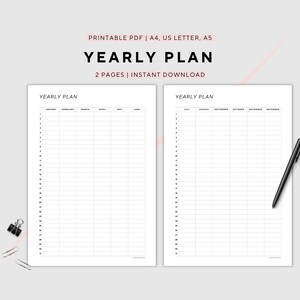 May include: Printable yearly planner with two pages, one for January to June and the other for July to December. The planner has a simple design with a grid layout and space for writing.