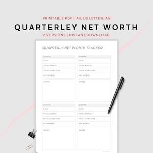 Quarterly Net Worth Tracker, Asset & Liability Tracking, Finance Planner, Printable, A4/A5/US Letter, Instant Download PDF
