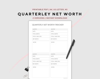 Quarterly Net Worth Tracker, Asset & Liability Tracking, Finance Planner, Printable, A4/A5/US Letter, Instant Download PDF
