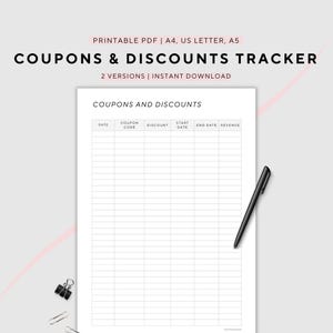 Puede incluir: Un rastreador de cupones y descuentos imprimible en formato PDF. El rastreador tiene columnas para la fecha, el código del cupón, el descuento, la fecha de inicio, la fecha de fin y los ingresos.