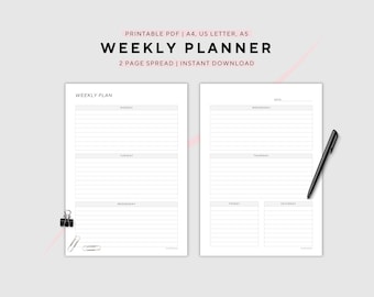 Weekly Planner, Work From Home, Week on 2 Pages, Week at a Glance, Printable, A4/A5/ US Letter, Instant Download PDF
