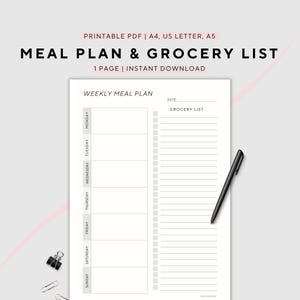 Weekly Meal Planner with Grocery List, Printable, Health & Fitness, Food Planner, Menu Planner, A4/A5/US Letter