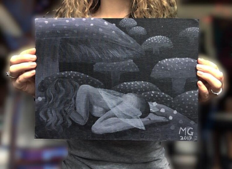 Moonlit Anguish night fairy fae pixie magic crying toadstool mushroom original acrylic black and white painting art 9x12