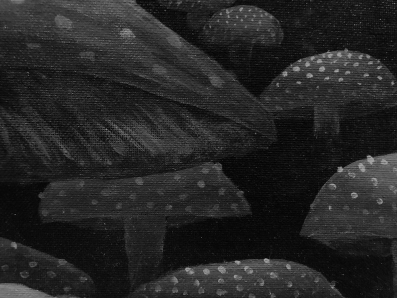 Moonlit Anguish night fairy fae pixie magic crying toadstool mushroom original acrylic black and white painting art 9x12