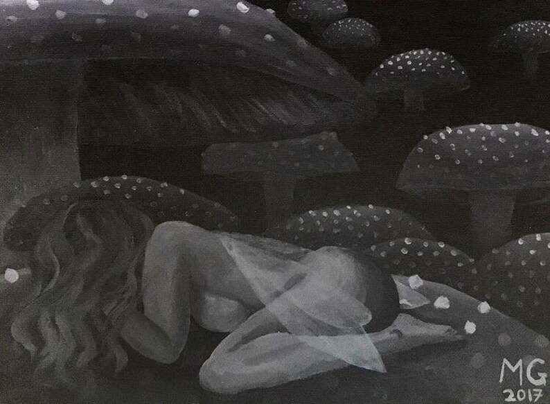Moonlit Anguish night fairy fae pixie magic crying toadstool mushroom original acrylic black and white painting art 9x12