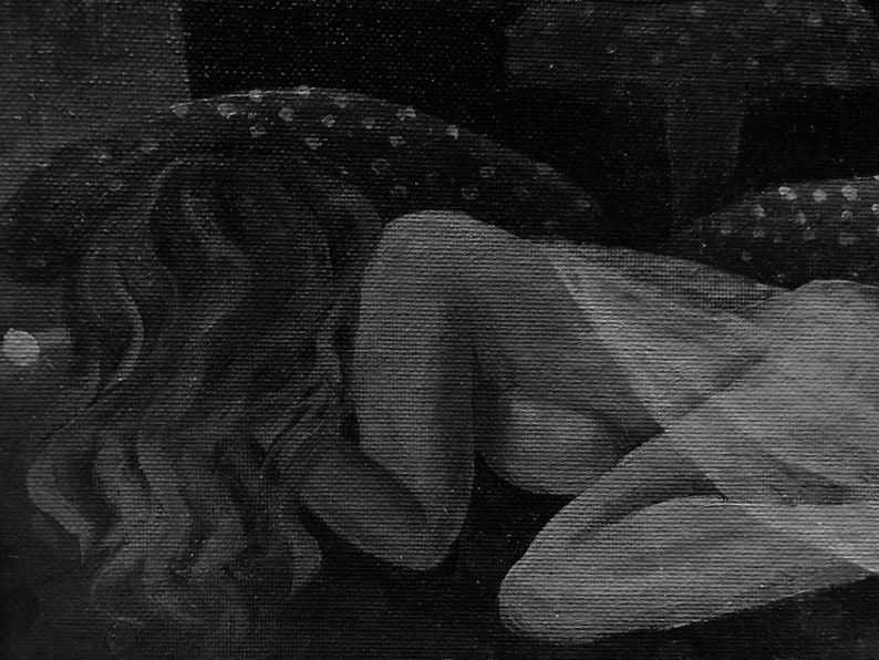 Moonlit Anguish night fairy fae pixie magic crying toadstool mushroom original acrylic black and white painting art 9x12