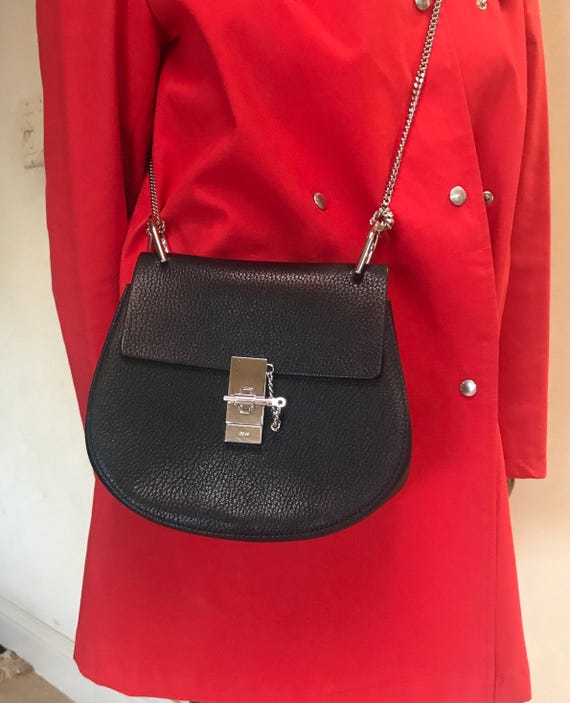 Chloe Black Pebbled Drew Cross Body Leather Chain Strap Shoulder