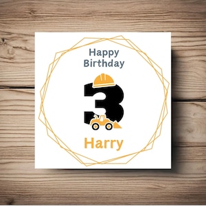 Cartão de 3º Aniversário • Terceiro • Escavador • Construção • Personalizar • Menino • Filho • Sobrinho • Neto • Deus Filho •