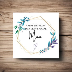 Mama verjaardagskaart • blauw paars groene bloem • zeshoek • Personaliseer • elke naam • vriend • zus • mama • mama •