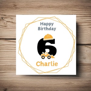 Cartão de 6º Aniversário • Sexto • Escavador • Construção • Amarelo • Personalizar • Menino • Filho • Sobrinho • Neto • Deus Filho •