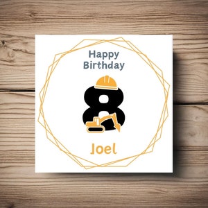 Cartão de 8º Aniversário • Oitavo • Escavador • Construção • Amarelo • Personalizar • Menino • Filho • Sobrinho • Neto • Deus Filho •