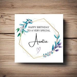 Tante verjaardagskaart • blauw paars groene bloem • zeshoek • Personaliseren • elke naam • vriend • zus • mama • mama •