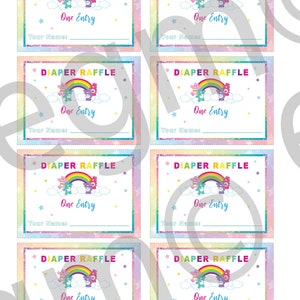 May include: Six pastel rainbow colored cards with a white border. Each card has a rainbow, clouds, and two cartoon bears. The text "DIAPER RAFFLE" is at the top of each card. The text "One Entry" is below the bears. The text "Your Name:" is at the bottom of each card.