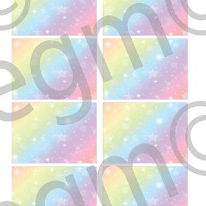 May include: Four pastel rainbow-colored square cards with a white background and a scattered pattern of white stars and white circles.