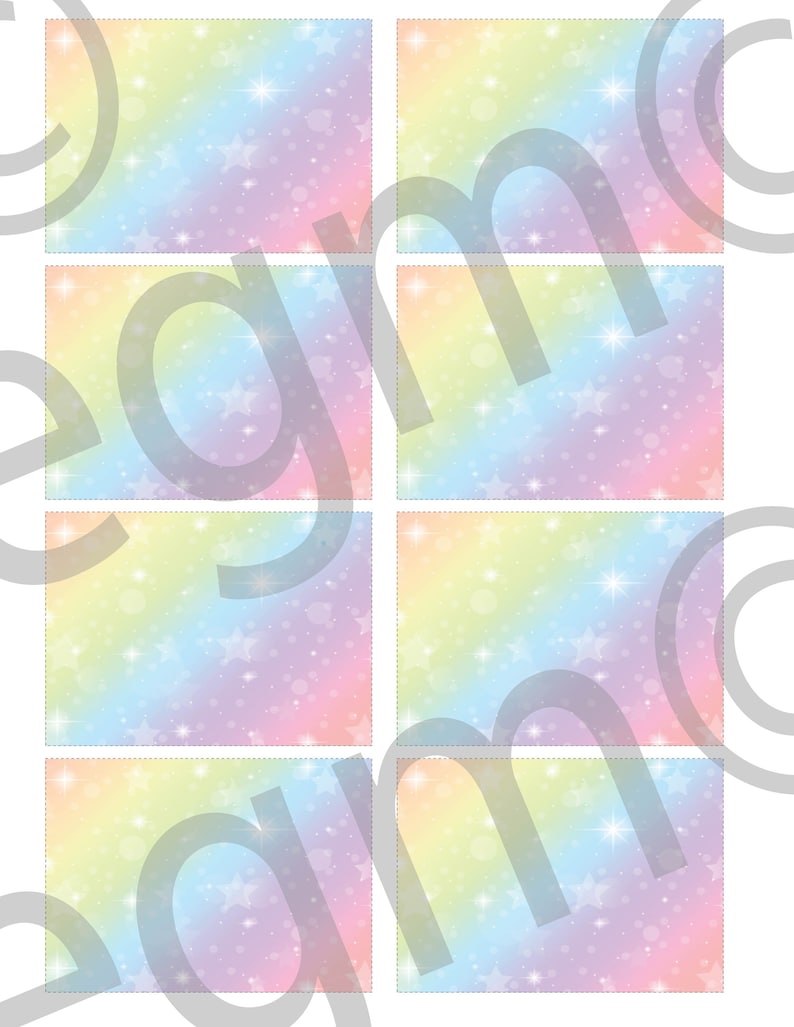 May include: Four pastel rainbow-colored square cards with a white background and a scattered pattern of white stars and white circles.