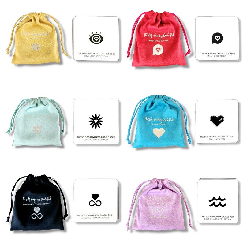 May include: Nine oracle card decks with different themes, each in a small drawstring bag. The themes include self-forgiveness, inner child, trauma, masculine/feminine, and emotional growth. Each deck has a unique symbol on the front.