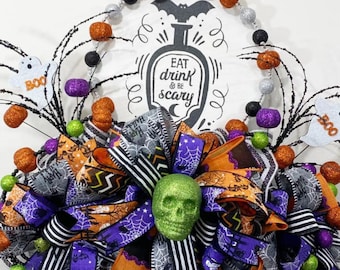 Halloween Party Rail, Spooky Ghosts, Glitter Bats and Skulls Front Door Wreath, Festive Scary Porch Decor
