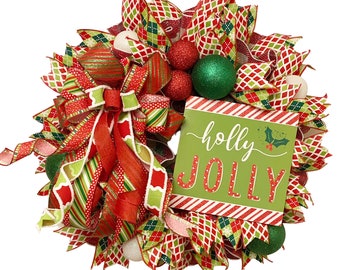 Festive Christmas Wreath, Holly Jolly Door Decor, Holiday Wreath