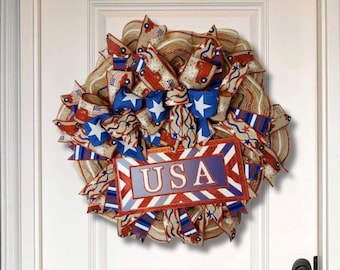 USA Patriotic Decoration for Front Porch, 4th of July Americana Wreath, Rustic Red White Blue Summer Door Decor, Thin Wreath for Storm Door