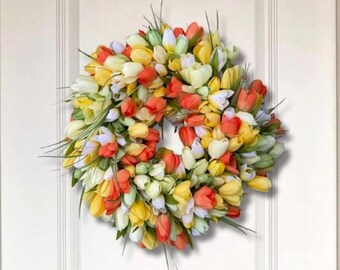 Spring Tulip Wreath for Front Door, Orange Yellow White Floral Wreath, Pastel Summer Door Decor, Farmhouse Flower Wreath, Mother's Day Gift