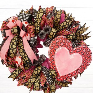 Animal Print Love, Pink Leopard Heart Wreath, Valentines Red Black and Pink Front Door Decoration image 1