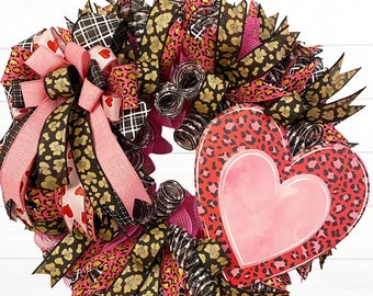 Animal Print Love, Pink Leopard Heart Wreath, Valentines Red Black and Pink Front Door Decoration