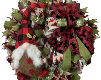 Gnome Wreath, Winter Door Decoration, Farmhouse Wreath