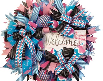 Flamingo Welcome Wreath, Pink Blue Summer Front Door Decor, Tropical Bird Decor, Fun Beach House Entryway Decoration, Modern Spring Porch