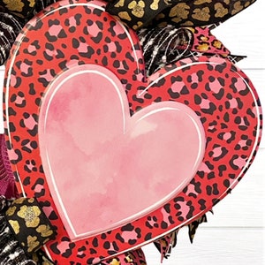 Animal Print Love, Pink Leopard Heart Wreath, Valentines Red Black and Pink Front Door Decoration image 2