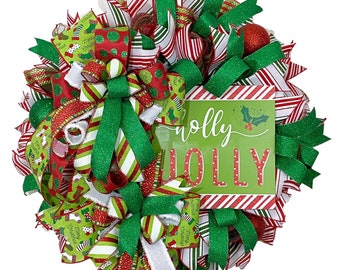 Festive Christmas Wreath, Holly Jolly Door Decor, Holiday Wreath