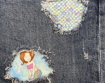 Ripped Designs Denim Patches - Meerjungfrauen und Meerjungfrau Skalen Peekaboo Bügelbild Jeans Flicken Jeans Reparatur kein nähen