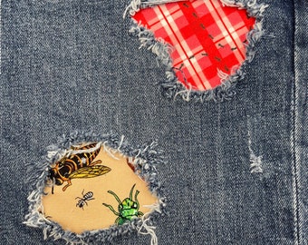 Zerrissene Designs Denim Aufnäher - Bugs beim Picknick Peekaboo Bügelbild Jeans Aufnäher Jeans Reparatur No Sew