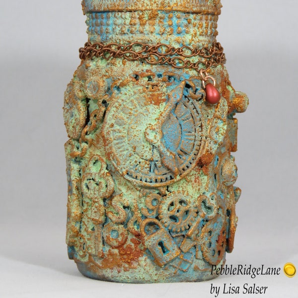 Altered Rustic Steampunk Art Bottle One-of-a-Kind, Unique Home Decor, Clock, Gears, Lock, Keys, Winged Heart, Treasure, Teal Copper Handmade