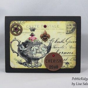 Teapot Wood Block, Cherish, Crown, Fleur de lis, Gear, Carte Postale, Post Card, Handmade Home Decor, Shelf, Table or Mantle Sign Sitter