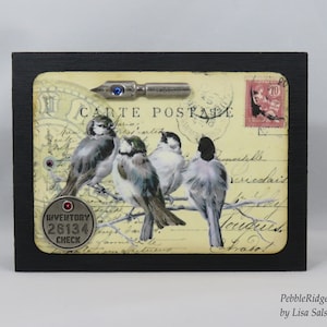 Bird Wood Block, Birds on Branch, Inventory Check, French, Carte Postale, Handmade Home Decor, Shelf, Table or Mantle Sign Sitter