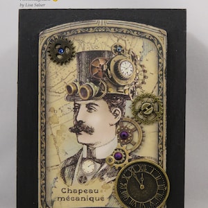 May include: A steampunk-inspired art piece featuring a man with a clockwork hat and goggles. The background is a vintage map with gears and other clockwork elements. The text "Chapeau mécanique" is visible at the bottom.