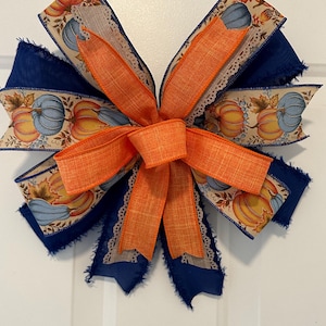 Fall bow, Blue and Orange Pumpkin Thanksgiving Bow, Fall Decor Bow