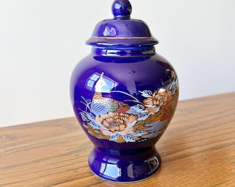 Mini Cobalt Blue Lidded Ginger Jar with Peacock Pattern
